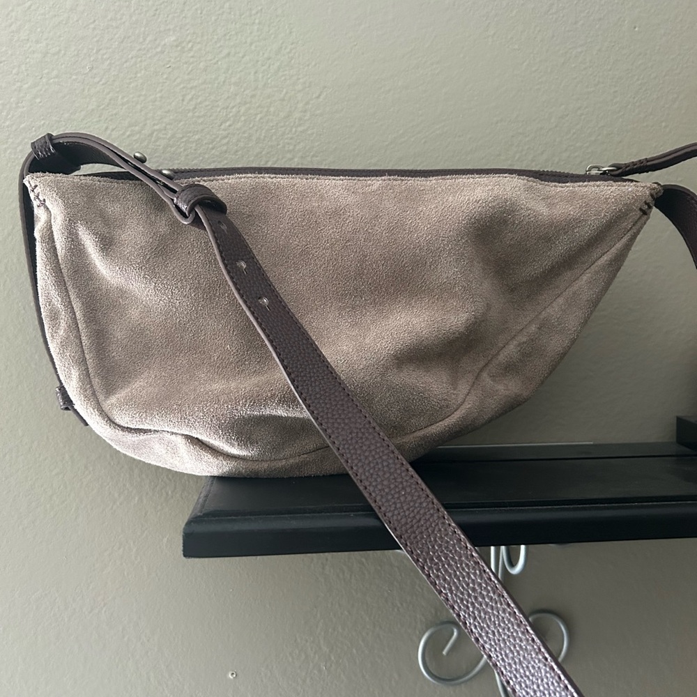 Taupe Suede Crossbody Bag with Brown Strap